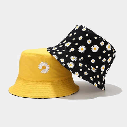 Wendbarer Fischerhut Baumwolle Canvas Gänseblümchen Stickerei Blumendruck Lässiger Sonnenhut Für Damen Herren