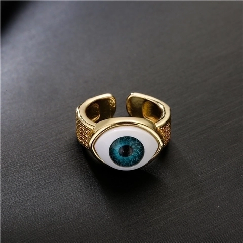 Realistischer Evil Eye Ring Kupfer Vergoldet Zirkon Verstellbares Offenes Band Hammerschlagstruktur Einzigartiger Modeschmuck Damen