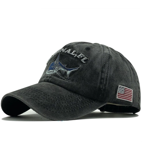 Embroidered Shark Baseball Cap Washed Cotton Distressed Retro Style Adjustable Sun Hat For Men Women US Flag Patch