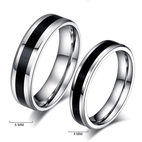 Stainless Steel Minimalist Band Ring With Black Enamel Center Line Polished Silver Finish Trendy Unisex Jewelry Finger Ring Gift
