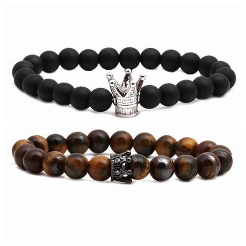 Bracciale Di Perle In Pietra Naturale Occhio Di Tigre Opaco Con Ciondolo Corona In Rame Moda Elastico Coppia Unisex