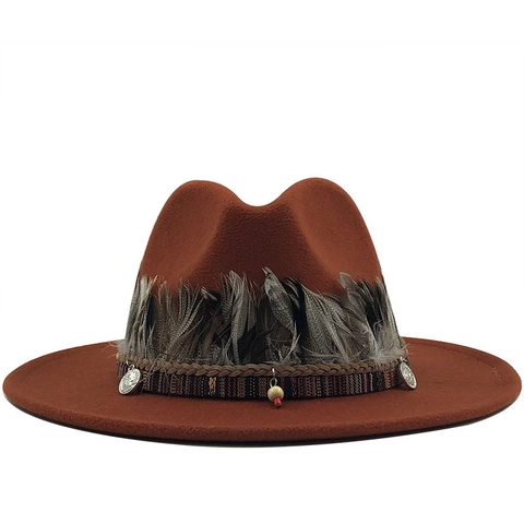 Wide Brim Wool Felt Fedora Hat With Feather Trim Braided Band Ethnic Bohemian Style Vintage Western Jazz Cap