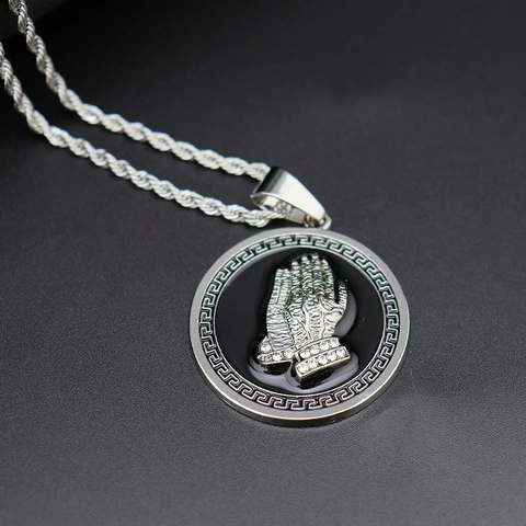 Hip Hop Praying Hands Pendant Necklace Alloy Rhinestone Greek Fret Border Religious Jewelry For Men Women