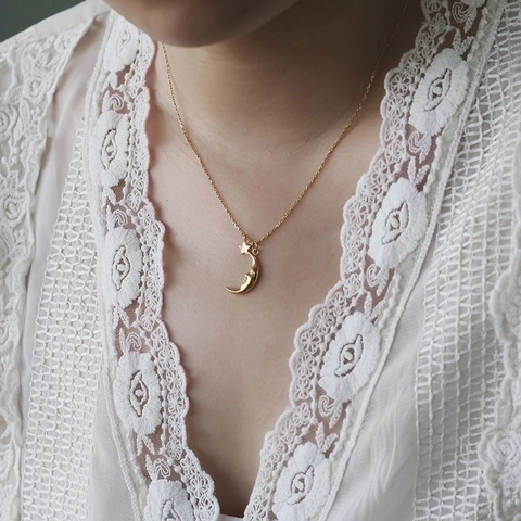 Vintage Halbmond Gesicht Und Stern Anhänger Halskette 18K Vergoldet 316L Titanstahl Verträumte Märchen Schlüsselbeinkette Für Damen