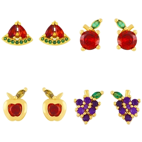 Cute Fruit Stud Earrings Gold Plated Copper Colorful Cubic Zirconia Watermelon Grape Apple Orange Jewelry For Women