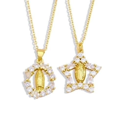 Collana Pendente Vergine Maria Placcata Oro Rame Micro Pavé Zircone Bianco Religioso Cuore Stella Tondo Gioielli Donne