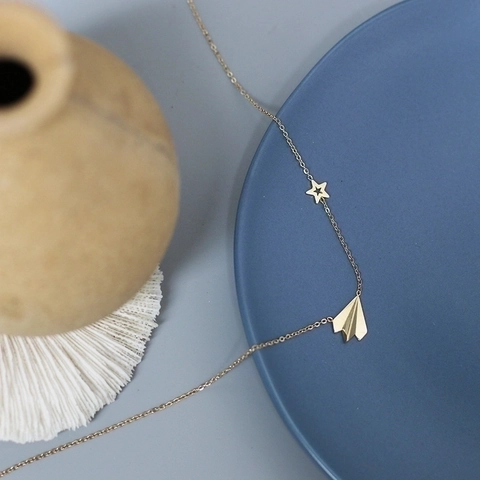 Papierflugzeug Und Stern Anhänger Halskette 14K Vergoldet Titan Stahl Schlüsselbein Kette Minimalistischer Schmuck