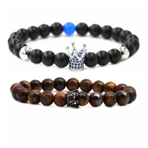 Tiger Eye And Matte Lava Beaded Bracelet With Copper Cubic Zirconia Crown Charm Fashion Luxury Accessory For Couples