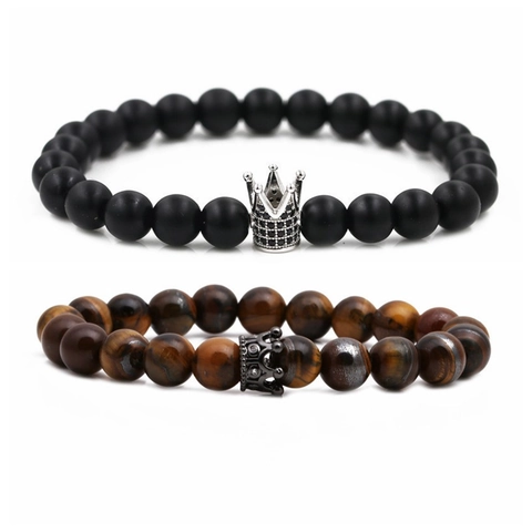 Bracciale Di Perline In Occhio Di Tigre Pietra Nera Opaca Ciondolo Corona Di Rame Gioielli Fatti A Mano Unisex
