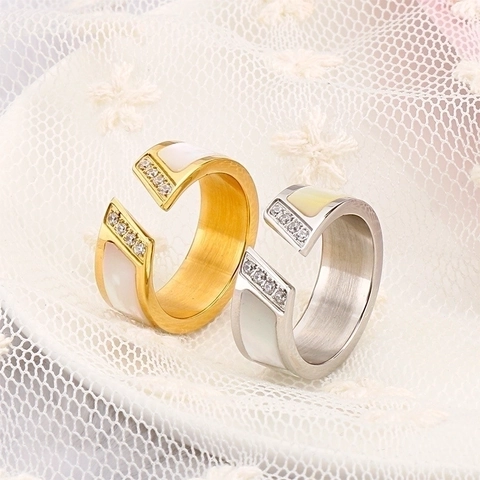 Anello In Acciaio Inossidabile Con Inserto In Conchiglia E Zirconia Regolabile Gioielli Da Dito Aperto Per Donna