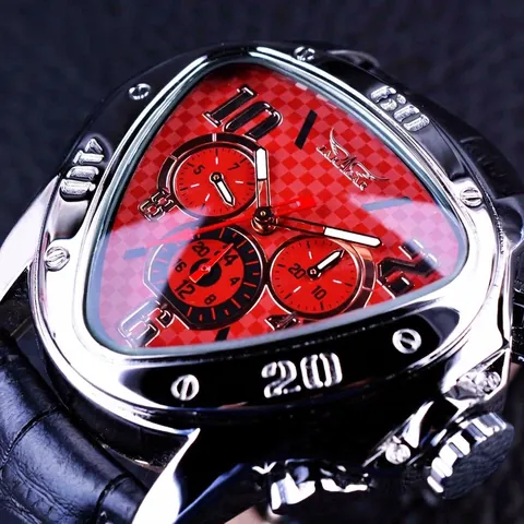 Automatic Mechanical Watch Men Triangular Zinc Alloy Case Leather Strap Day Date Display Skeleton Racing Style Fashion