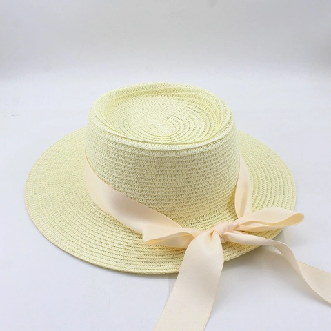 Women Boater Hat Straw Woven Flat Top Wide Brim With Satin Ribbon Bow Sunscreen Summer Beach Elegant Travel