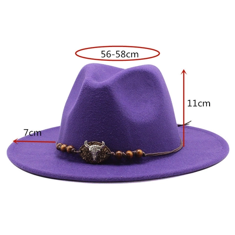 Vintage Fedora Hat Wool Felt Wide Flat Brim Western Cowboy Bull Skull Metal Ornament Wooden Beads Bohemian Jazz For Women