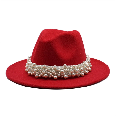 Wool Felt Fedora Hat For Women Elegant Wide Brim Jazz Cap With Artificial Pearl Decor Vintage British Style