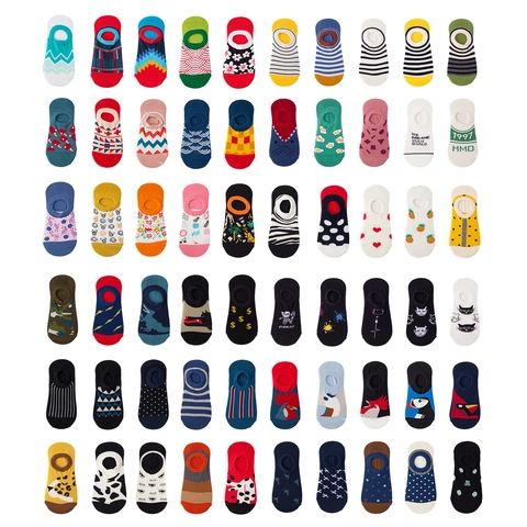 Chaussettes Invisibles Femmes Hommes Mélange Coton Coupe Basse Respirant Silicone Antidérapant Dessin Animé Rayures