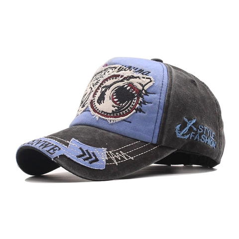 Shark Stickerei Baumwolle Baseball Cap Vintage Distressed Washed Streetwear Sonnenschutz Verstellbarer Hut Unisex
