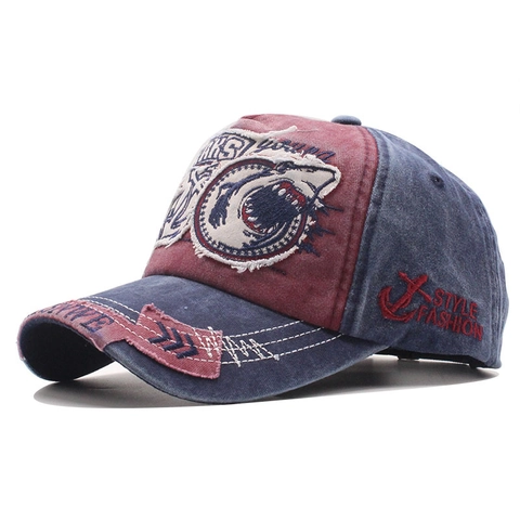 Shark Stickerei Baumwolle Baseball Cap Vintage Distressed Washed Streetwear Sonnenschutz Verstellbarer Hut Unisex