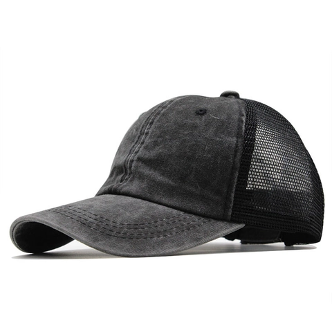 Damen Pferdeschwanz Baseballkappe Gewaschene Baumwolle Distressed Mesh Trucker Hat Atmungsaktiv Verstellbar Sonnenschutz