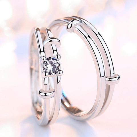 Double Layered Couple Rings For Lovers White Copper Plated With Round Brilliant Zircon Open Band Jewelry