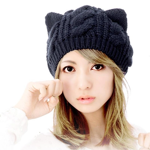 Berretto In Maglia Con Orecchie Di Gatto Da Donna Acrilico Trecce Caldo Autunno Inverno Stile Giapponese Kawaii Carino Colore Solido