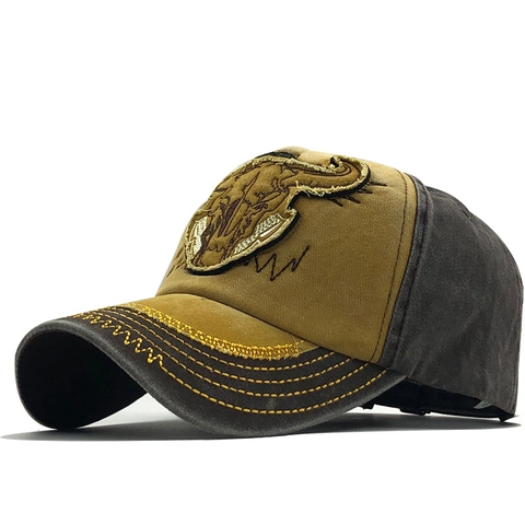 Vintage Baseballkappe Aus Gewaschener Baumwolle Bullenschädel-Patch Ausgefranster Rand Western Streetwear Sonnenhut Für Herren Damen