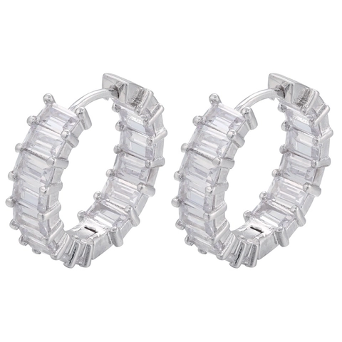 Luxury Copper Zirconia Hoop Earrings For Women Rectangular Cut Square Stone Double Sided Geometric Fashion Jewelry Gift
