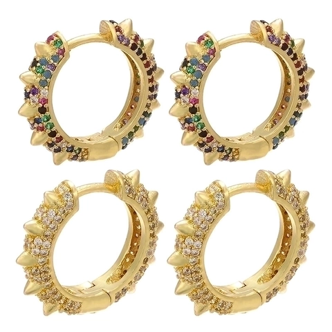 Punk Style Copper Spike Hoop Earrings With Pave Rhinestone Colorful Gold Silver Plated Rivet Ear Clips Fashion Jewelry For Women