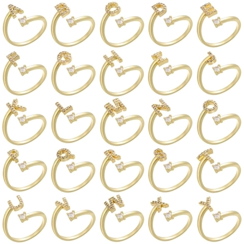 Letter Initial Open Rings Copper Cubic Zirconia Adjustable Finger Jewelry Women Gold Plated Elegant