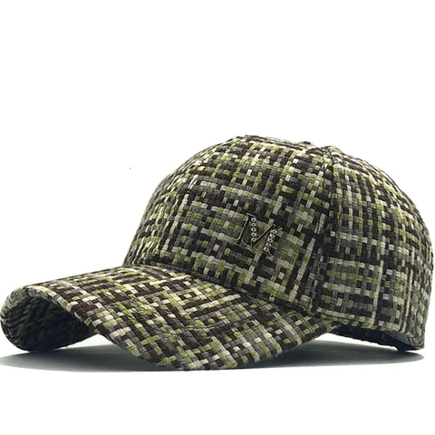 Gorra De Béisbol De Tweed A Cuadros Algodón Tejido Retro Moda Sombrero Parasol Ajustable Con Letra M De Metal