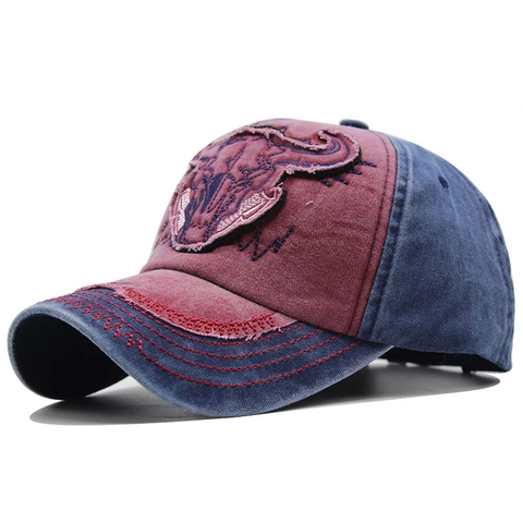 Vintage Washed Cotton Baseball Cap Bull Skull Embroidery Distressed Retro Outdoor Sun Hat Adjustable For Men Women