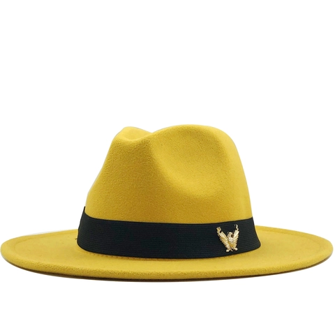 Fedora Hat Cashmere Wide Flat Brim Retro Gold Eagle Badge Decorative Ribbon Band Unisex Jazz Cap British Style Church Travel