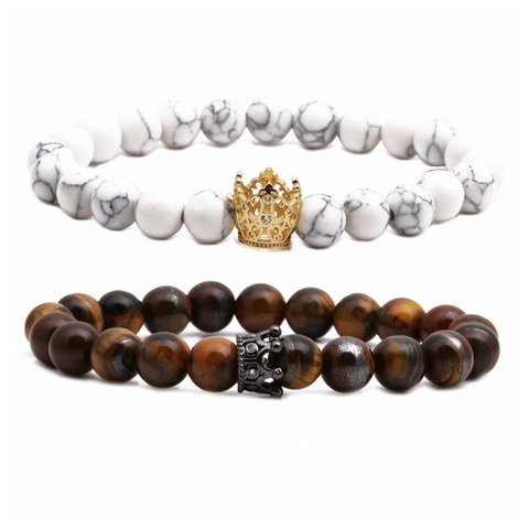 Bracciale Di Perline Corona Occhio Di Tigre Pietra Lavica Howlite Rame Zircone Elastico Gioielli Fatti A Mano Coppie Tendenza
