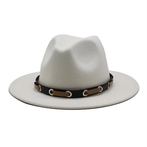 Vintage British Style Wool Felt Fedora Hat Wide Flat Brim Jazz Church Cap With Decorative Leather Belt For Men Women