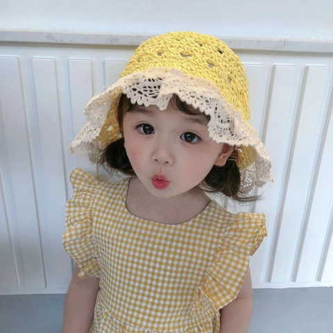 Kids Sun Straw Hat Hand Crocheted Lace Trim Foldable Summer Beach Cap For Toddlers Girls