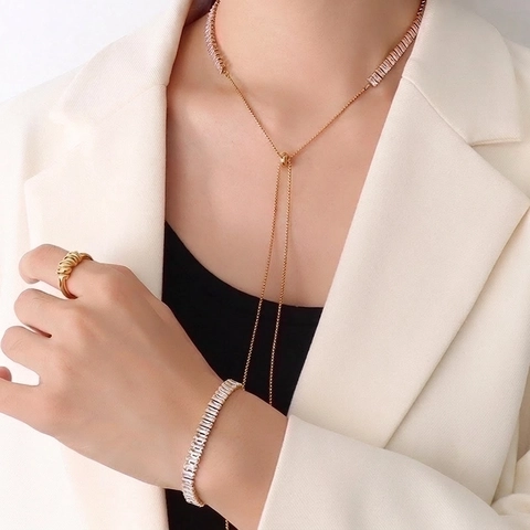 Stainless Steel 18K Gold Plated Necklace And Bracelet Rectangular Cubic Zirconia Adjustable Sliding Clasp Women Jewelry