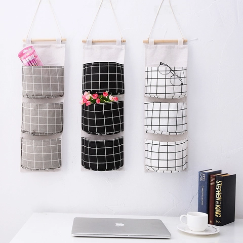 Wand-Hängeorganizer Aus Baumwollleinen Mit Holzstab Plaid Flamingo Eisbär Nordischer Stil Dekoration Mehrere Taschen