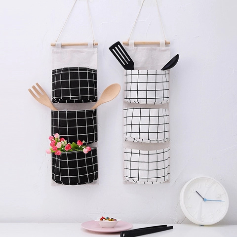 Wand-Hängeorganizer Aus Baumwollleinen Mit Holzstab Plaid Flamingo Eisbär Nordischer Stil Dekoration Mehrere Taschen