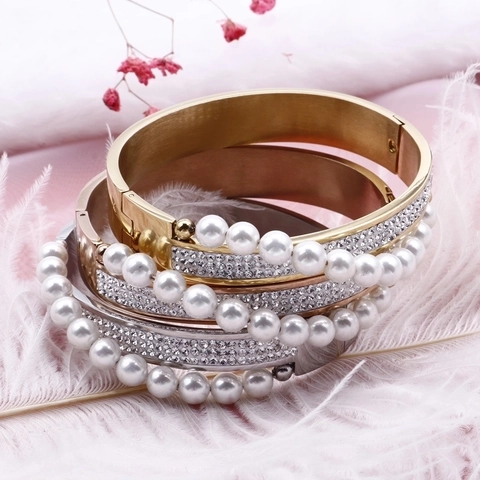 Brazalete De Bisagra De Acero Inoxidable Con Perla Artificial De Concha Y Strass Diseño Cruzado Joyería Elegante Para Mujer