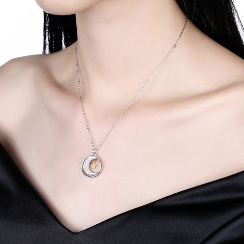 Collana con Ciondolo a Luna e Cuore in Argento Sterling 925 Oro Argento Bicolore Zirconia Romantica Gioielli da Donna