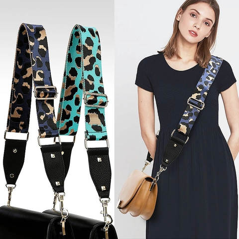 Adjustable Wide Bag Strap Leopard Print Replacement Shoulder Belt With Leather Ends And Gold Metal Buckles For Crossbody Handbags