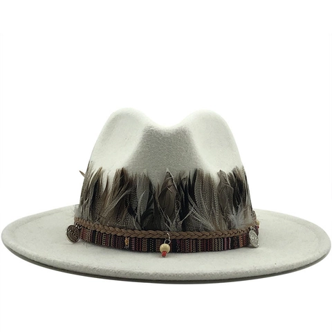 Wide Brim Wool Felt Fedora Hat With Feather Trim Braided Band Ethnic Bohemian Style Vintage Western Jazz Cap