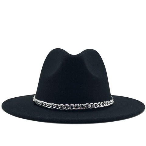Wide Brim Fedora Hat Woolen Felt Jazz Cap With Metal Chain Band Vintage Fashion Adjustable For Men Women