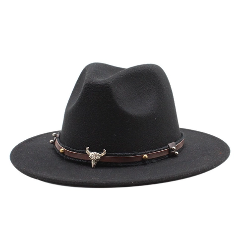 Vintage Western Fedora Hat Wool Felt Wide Brim Jazz Cap With Metal Bull Skull Leather Band Rivet Decor For Men Women