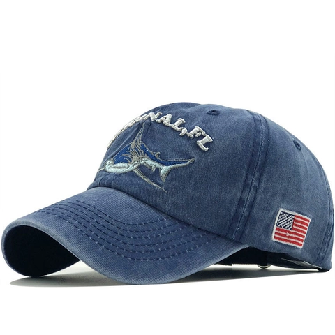 Embroidered Shark Baseball Cap Washed Cotton Distressed Retro Style Adjustable Sun Hat For Men Women US Flag Patch