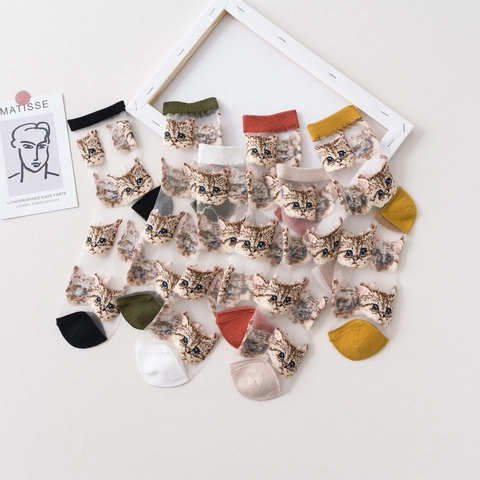 Transparent Mesh Socks Women Ultra Thin Breathable Cat Face Pattern Nylon Crew Contrast Color Summer Fashion
