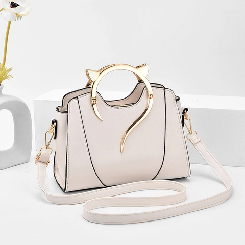 Women PU Leather Handbag With Metal Cat Ear Handle Fashion Shell Shape Crossbody Shoulder Bag For Daily Casual Use