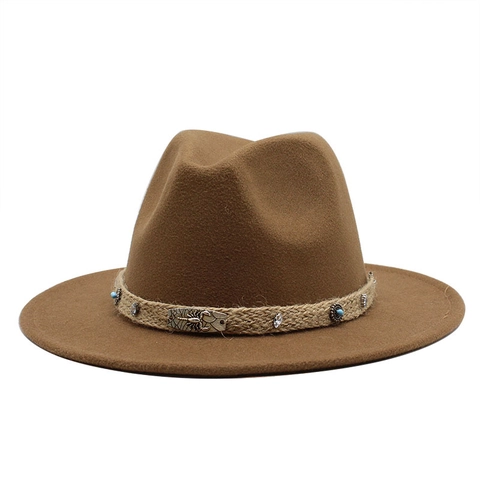 Sombrero Fedora Fieltro Lana Retro Ala Ancha Plana Bohemio Banda Trenzada Hebilla Escorpión Remaches Etnico
