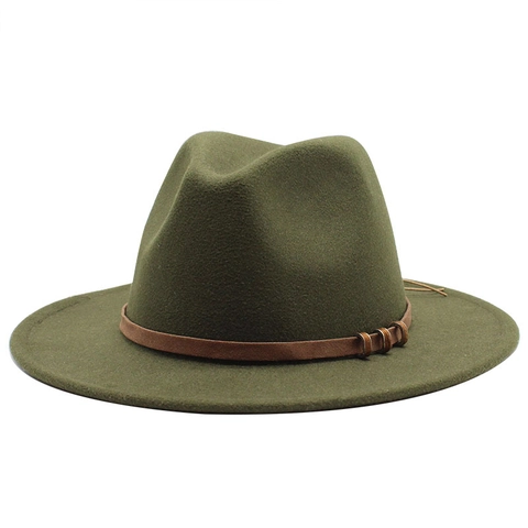 Vintage Wool Felt Fedora Hat Wide Flat Brim With Leather Belt Metal Rings Decoration Unisex Retro Jazz Cap