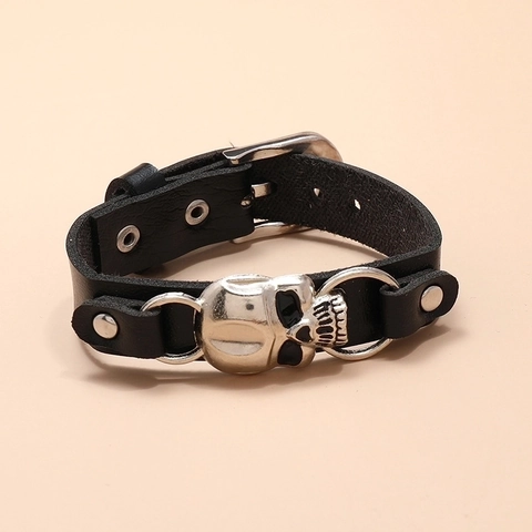Skull Punk Leather Bracelet PU Alloy Skeleton Rivet Adjustable Buckle Gothic Rock Wristband Unisex
