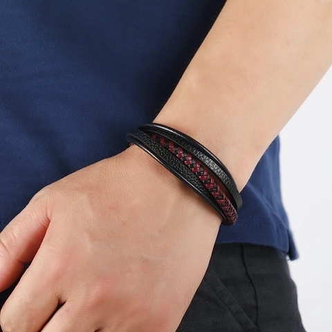 Pulsera De Cuero Trenzado Multicapa Para Hombre Con Cierre Magnético De Aleación Retro Joyería De Moda Accesorio